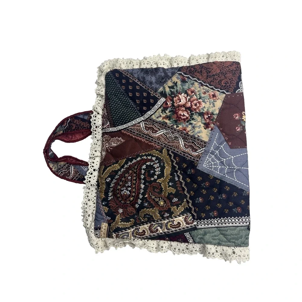 Vtg 90s Quilted Patchwork Bible Cover Granny Core Lace Trim Modest Church
